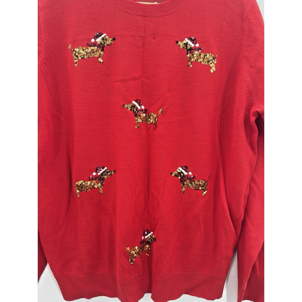 M&S Collections Red Dashchund Sweater Large Gold Sequin Novelty Holiday Gift